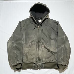 Vintage Carhartt Hooded Jacket Moss Green Canvas Quilt Lined Size XL